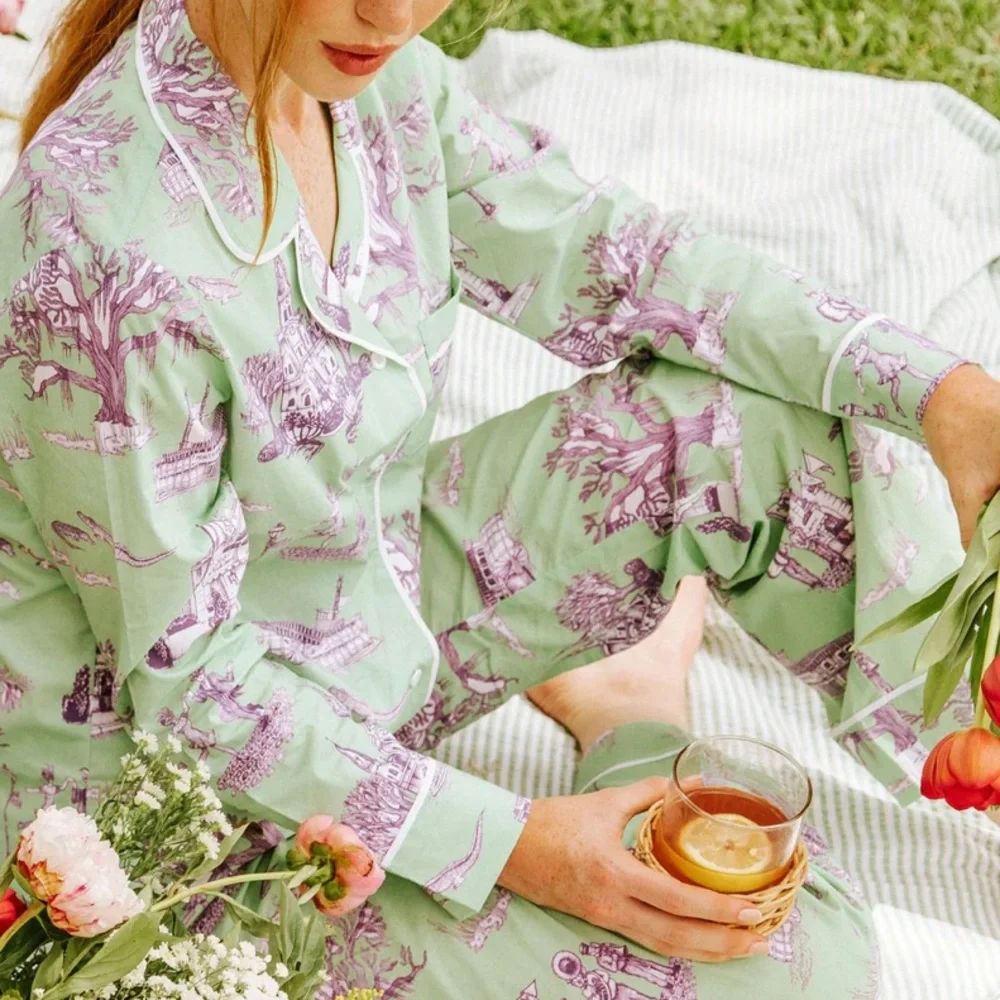 KATIE KIME New Orleans Toile pajama set in green and purple Mardi Gras - Picture 1 of 13